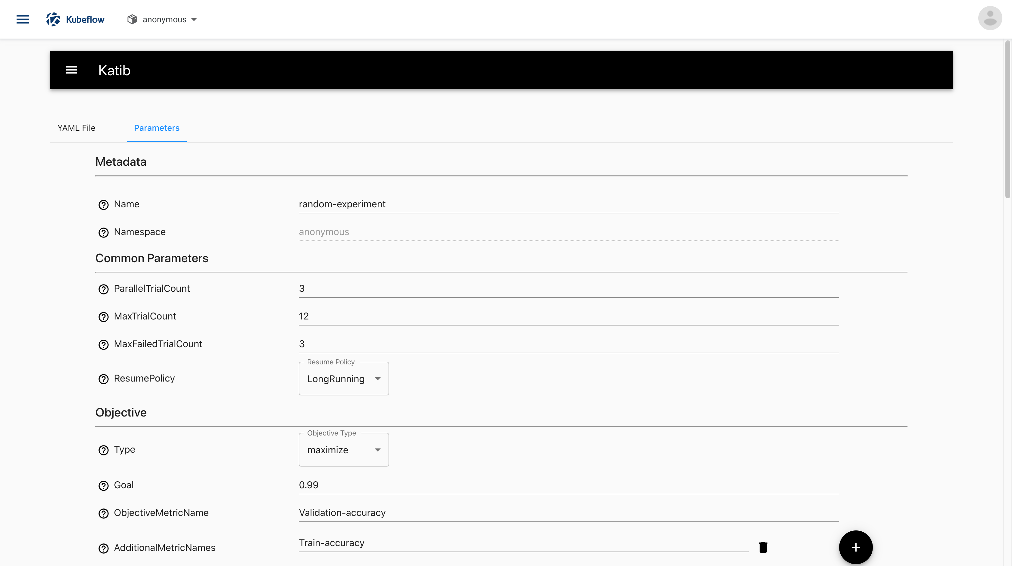 UI form to deploy a Katib experiment