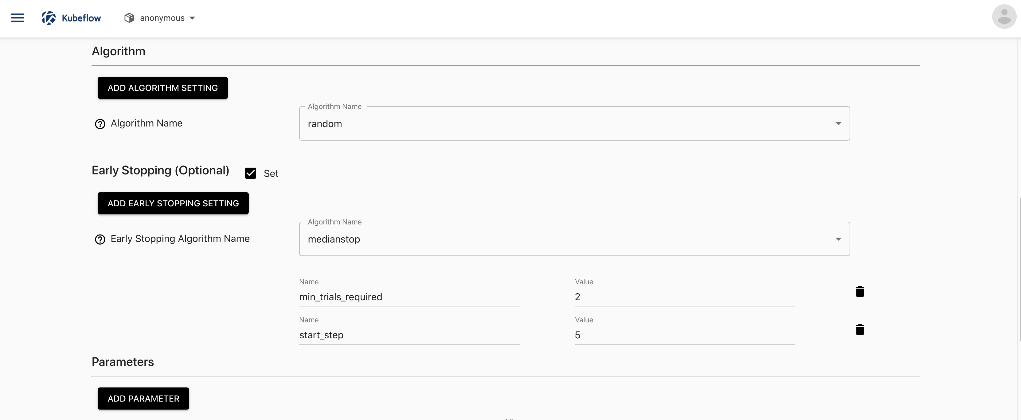 UI form to deploy an early stopping Katib experiment