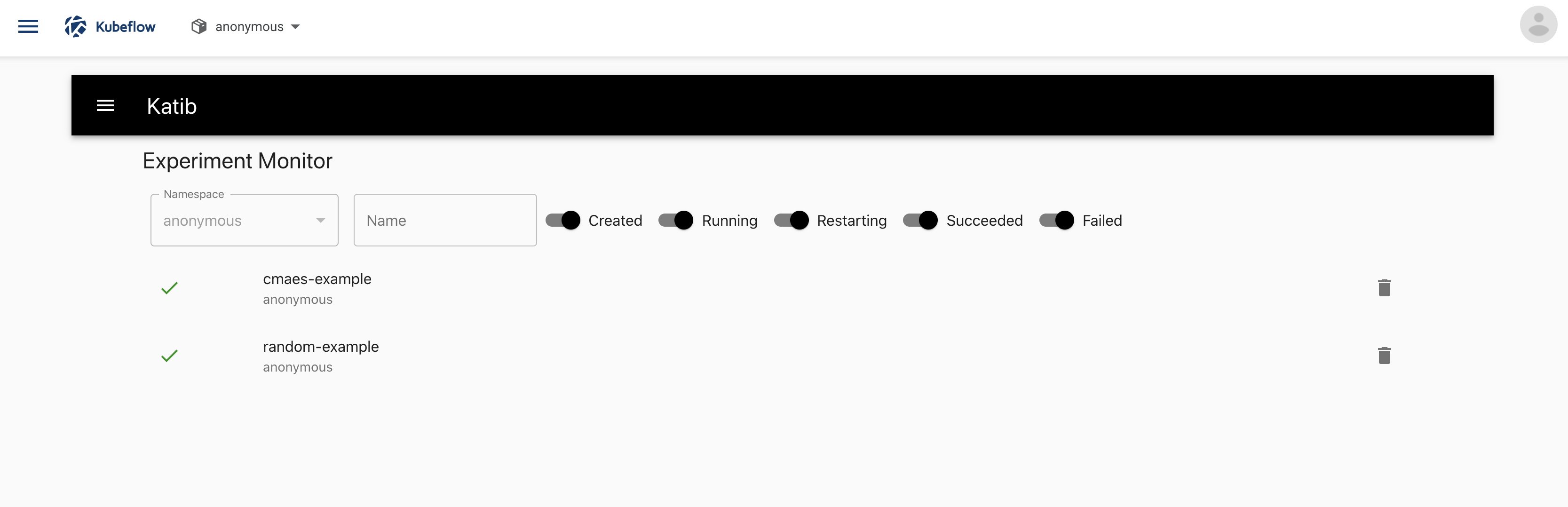 The random example in the list of Katib experiments