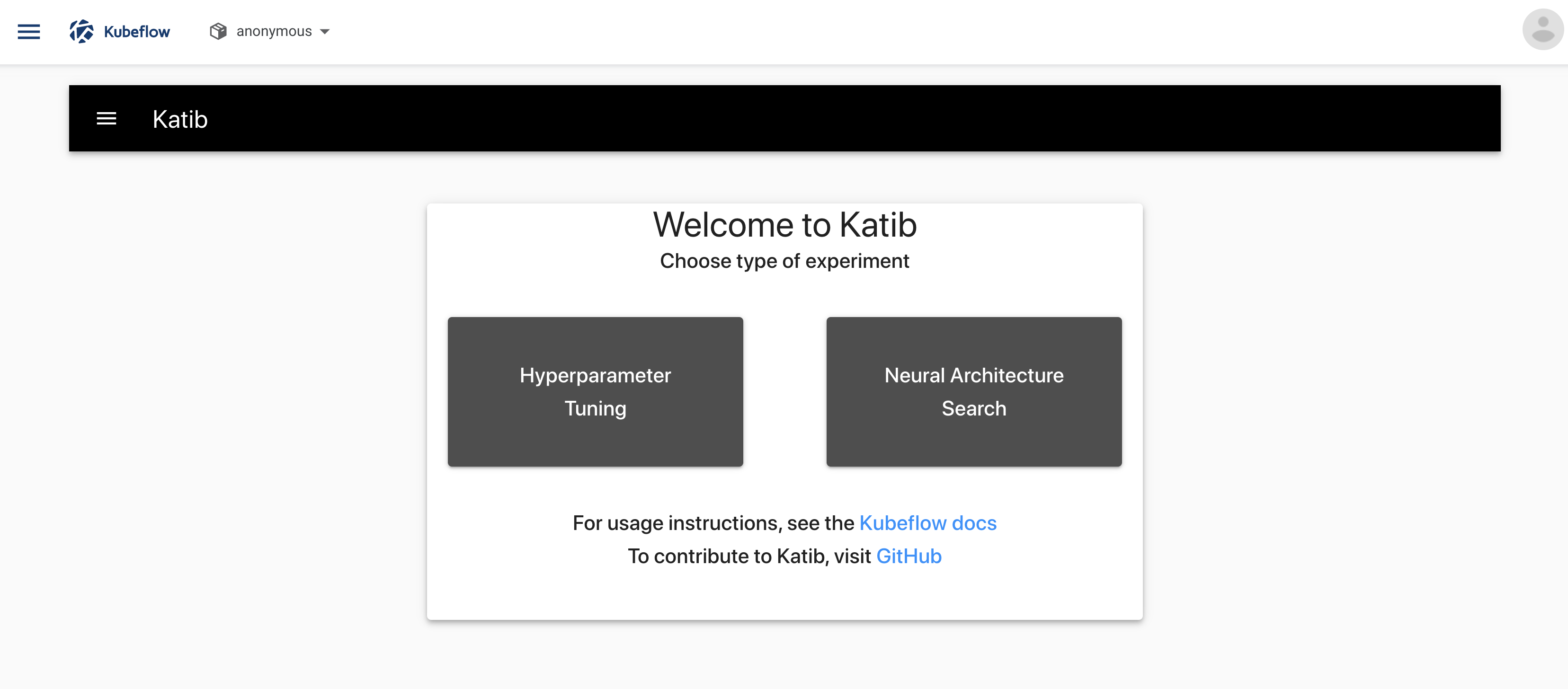 The Katib home page within the Kubeflow UI