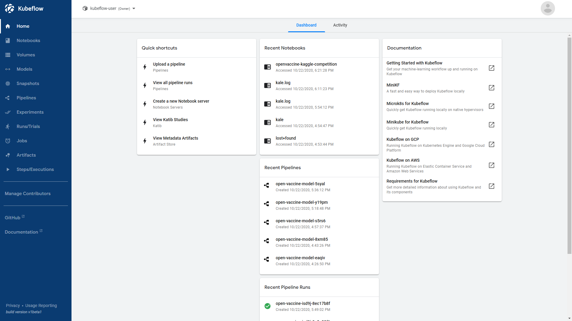 MiniKF dashboard